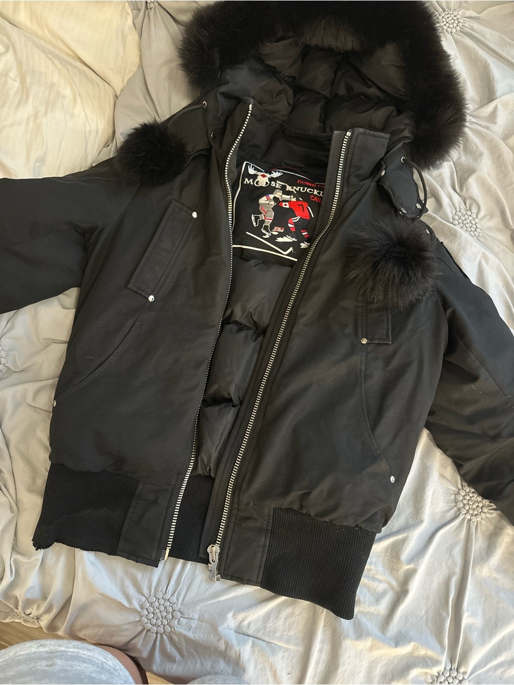 Moose Knuckles Women's Black Bomber Jacket with Fur Trim